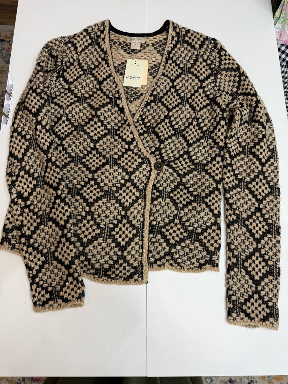 Lucky Brand Black & Cream Geometric Knit Women's Cardigan Sweater size L - Picture 5 of 11